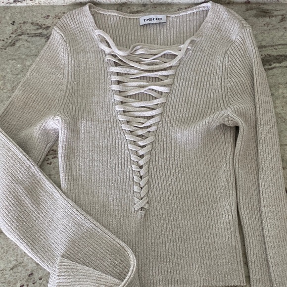 BEBE Sheri lace up Metallic cropped sweater Large - Picture 3 of 13